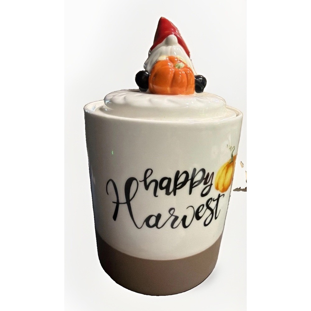 Vintage Y2K COOKIE JAR Elf Pumpkin lid " Happy Harvest" Ceramic 9 " Tall